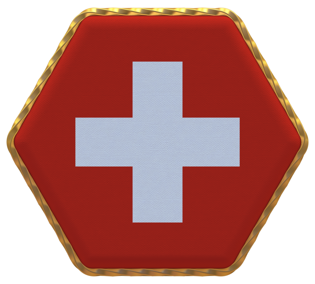 Switzerland Flag in Hexagon Shape with Gold Border, Bump Texture, 3D Rendering png