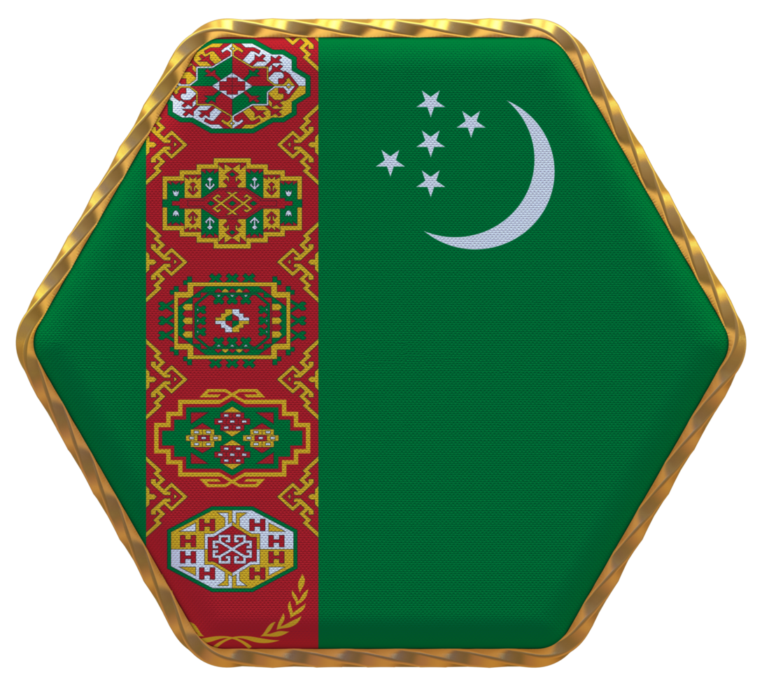 Turkmenistan Flag in Hexagon Shape with Gold Border, Bump Texture, 3D Rendering png