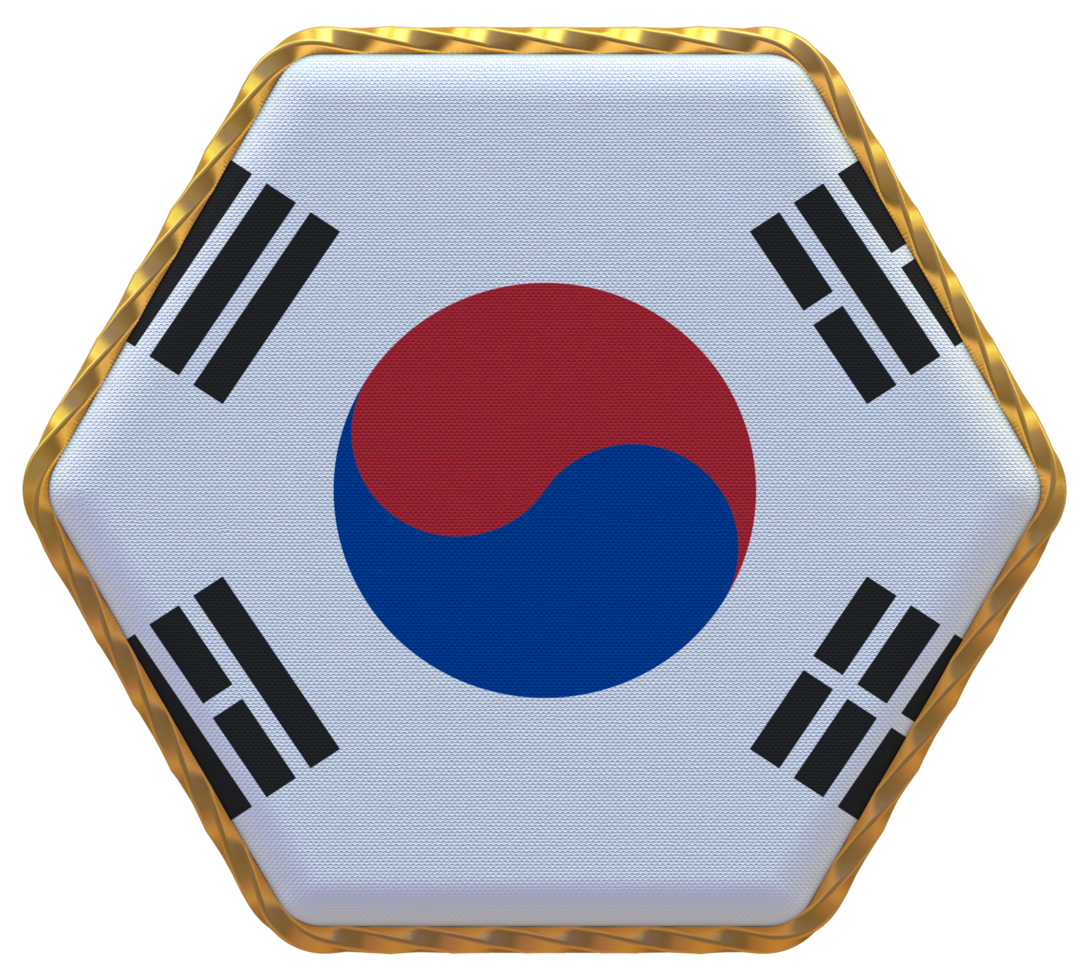 South Korea Flag in Hexagon Shape with Gold Border, Bump Texture, 3D Rendering png