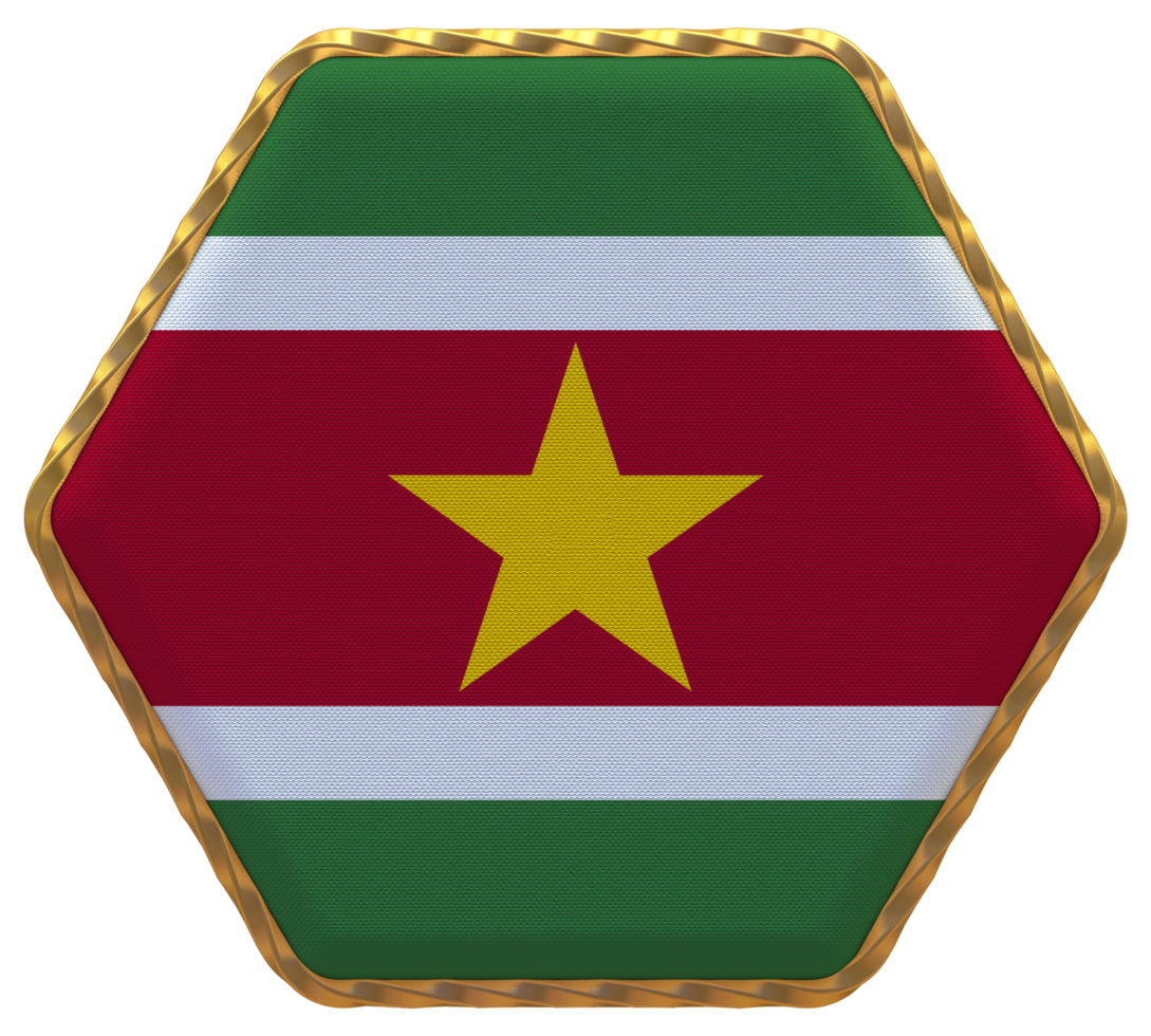 Suriname Flag in Hexagon Shape with Gold Border, Bump Texture, 3D Rendering png