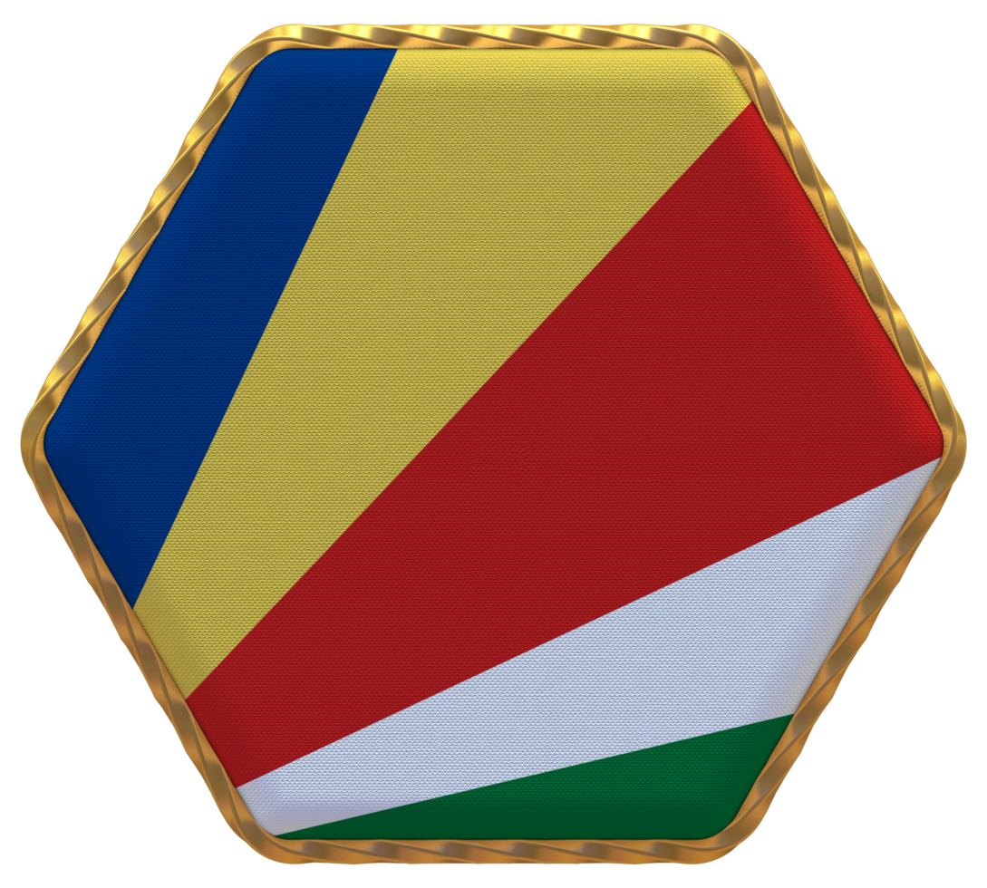 Seychelles Flag in Hexagon Shape with Gold Border, Bump Texture, 3D Rendering png