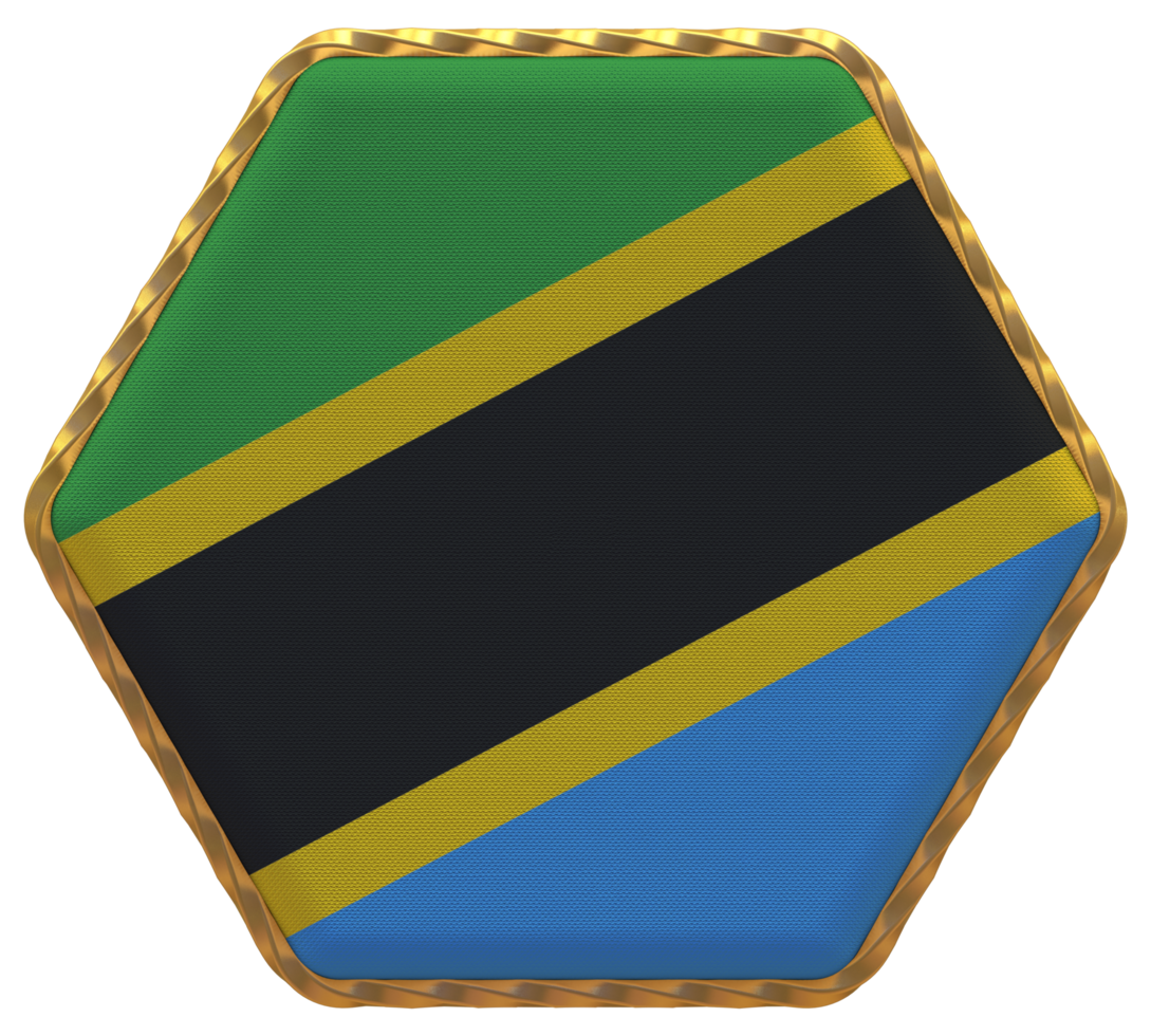 Tanzania Flag in Hexagon Shape with Gold Border, Bump Texture, 3D Rendering png