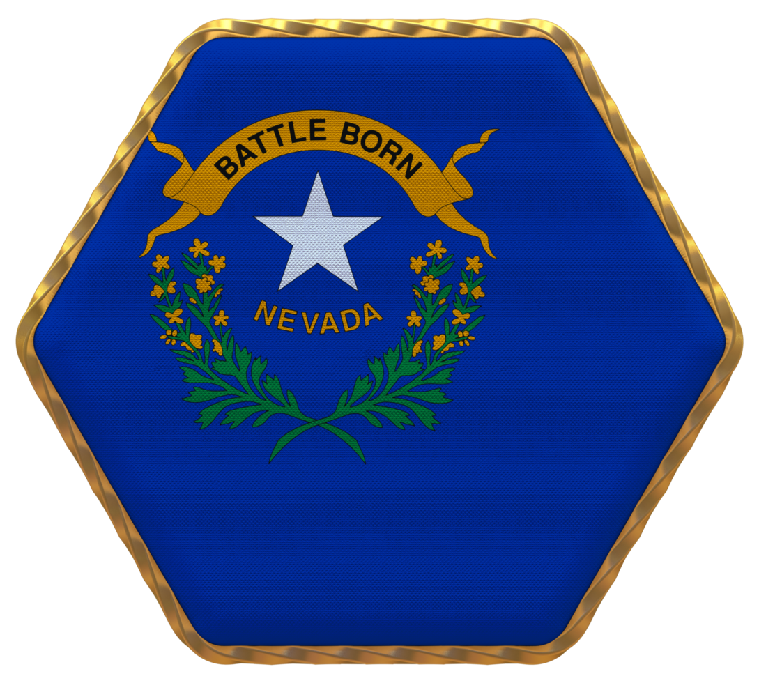 State of Nevada Flag in Hexagon Shape with Gold Border, Bump Texture, 3D Rendering png