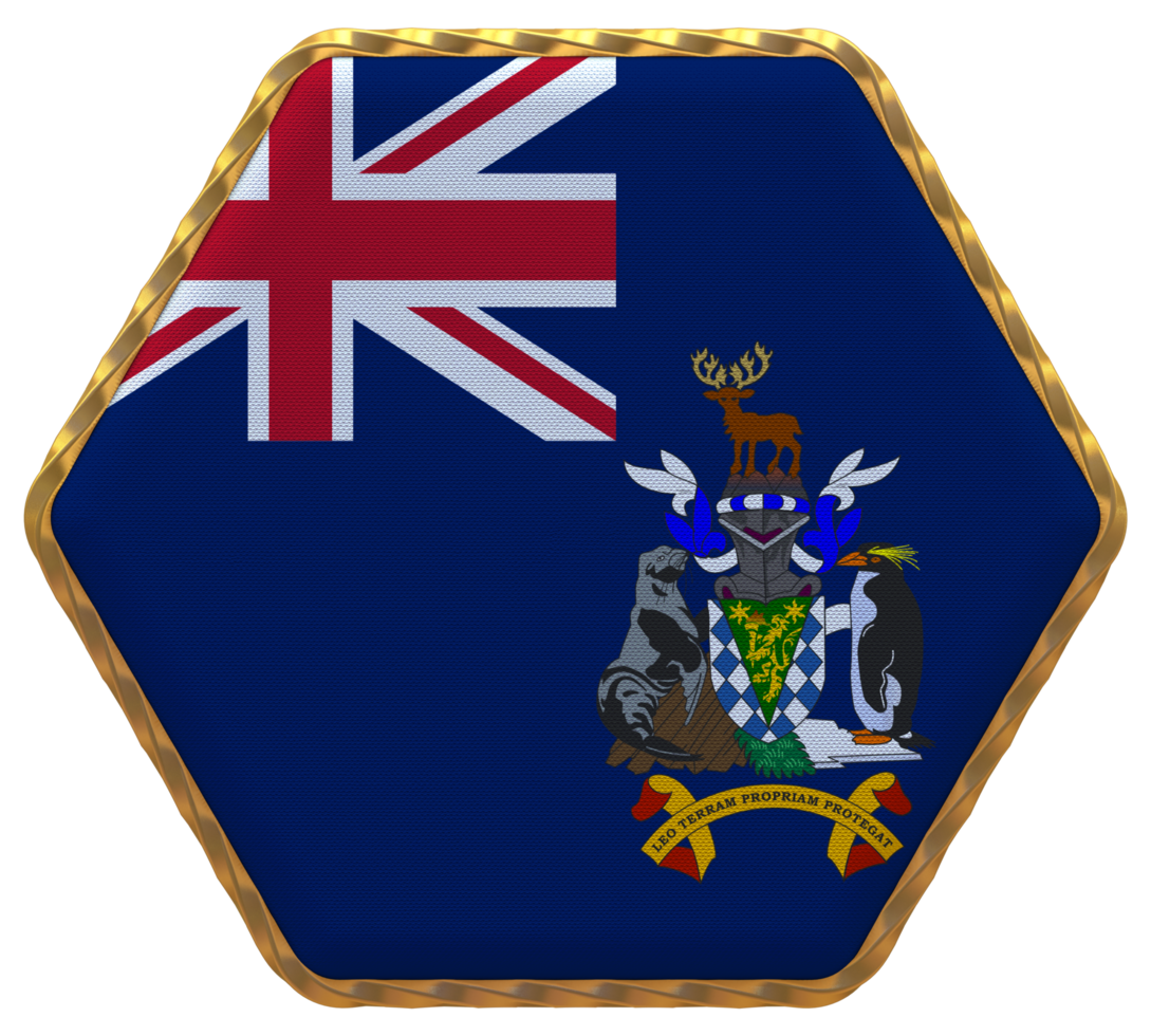 South Georgia and the South Sandwich Islands, SGSSI Flag in Hexagon Shape with Gold Border, Bump Texture, 3D Rendering png