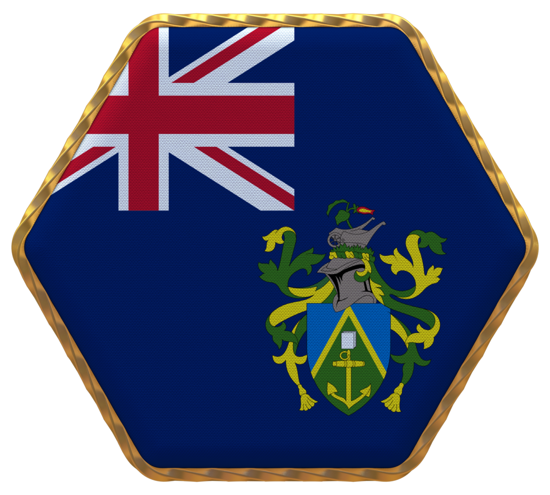 Pitcairn Islands Flag in Hexagon Shape with Gold Border, Bump Texture, 3D Rendering png