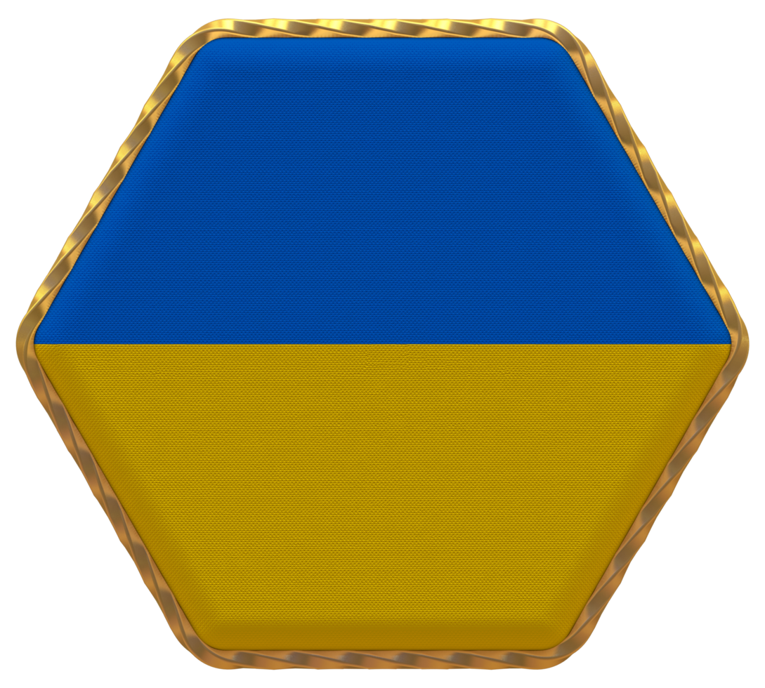 Ukraine Flag in Hexagon Shape with Gold Border, Bump Texture, 3D Rendering png
