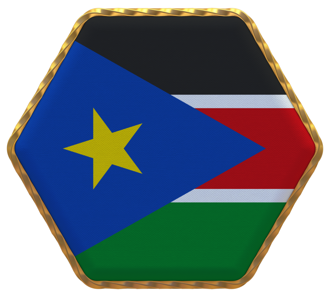 South Sudan Flag in Hexagon Shape with Gold Border, Bump Texture, 3D Rendering png