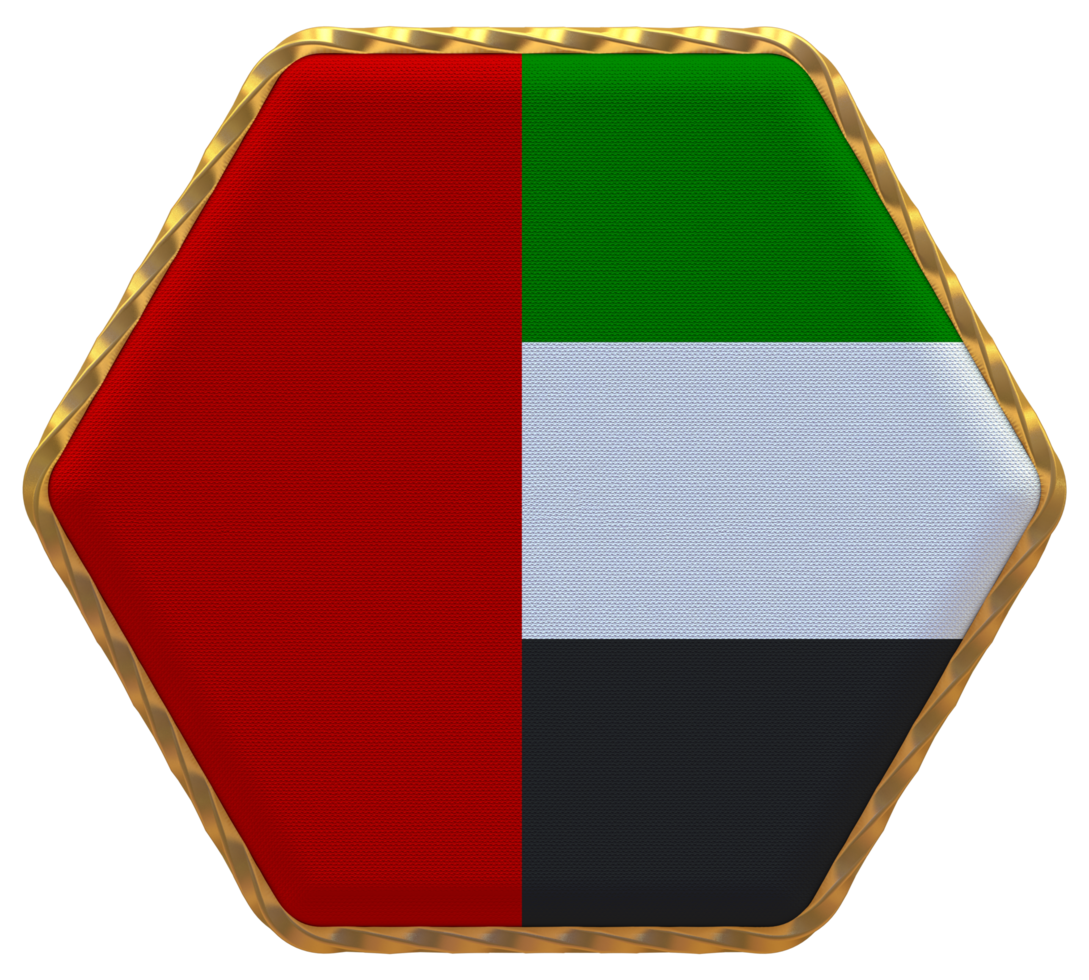 United Arab Emirates Flag in Hexagon Shape with Gold Border, Bump Texture, 3D Rendering png