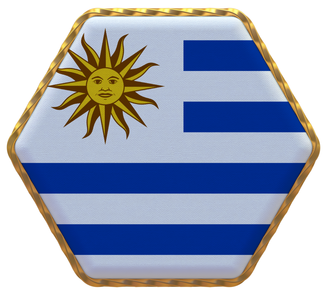 Uruguay Flag in Hexagon Shape with Gold Border, Bump Texture, 3D Rendering png