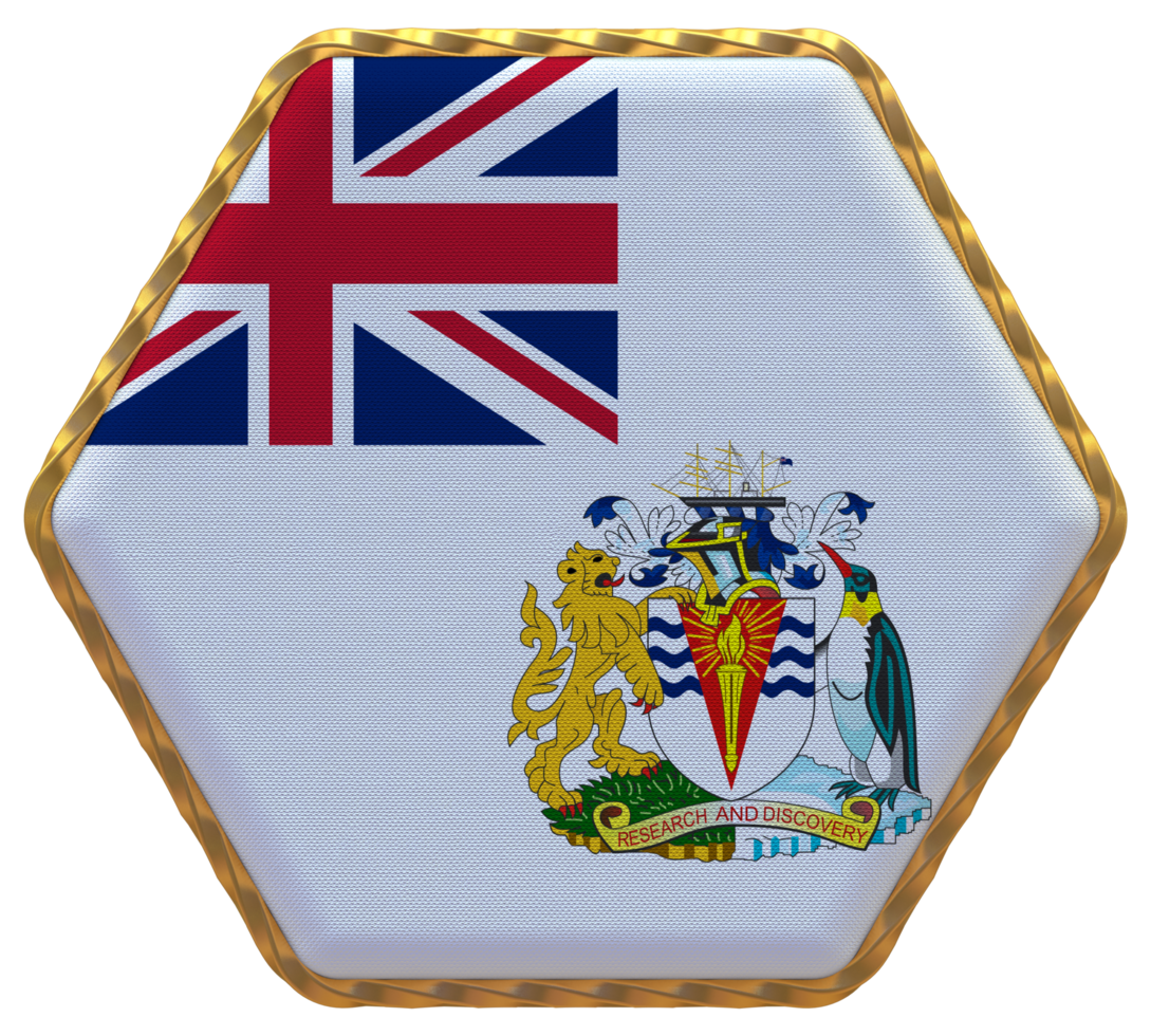 British Antarctic Territory Flag in Hexagon Shape with Gold Border, Bump Texture, 3D Rendering png