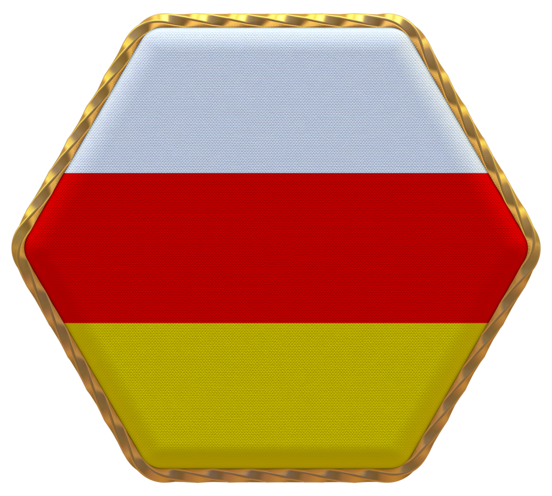 South Ossetia Flag in Hexagon Shape with Gold Border, Bump Texture, 3D Rendering png
