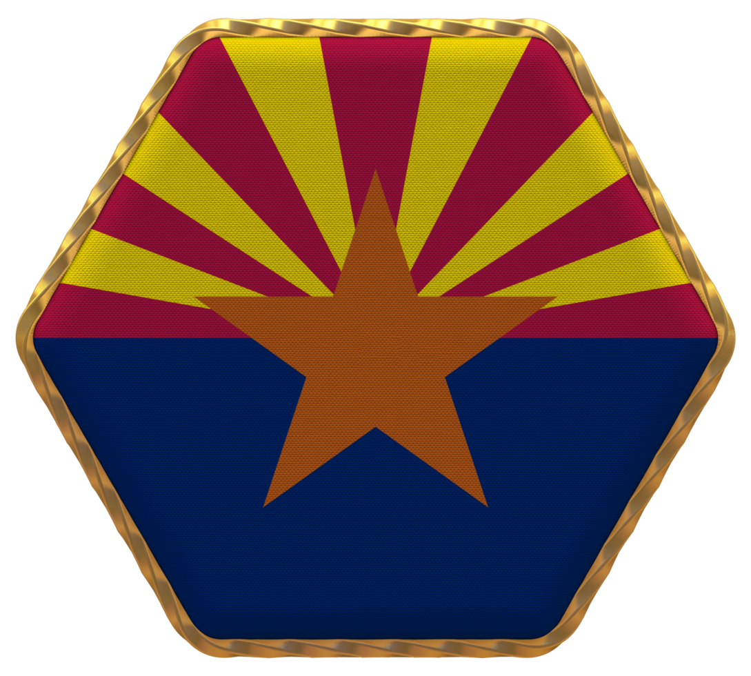 State of Arizona Flag in Hexagon Shape with Gold Border, Bump Texture, 3D Rendering png