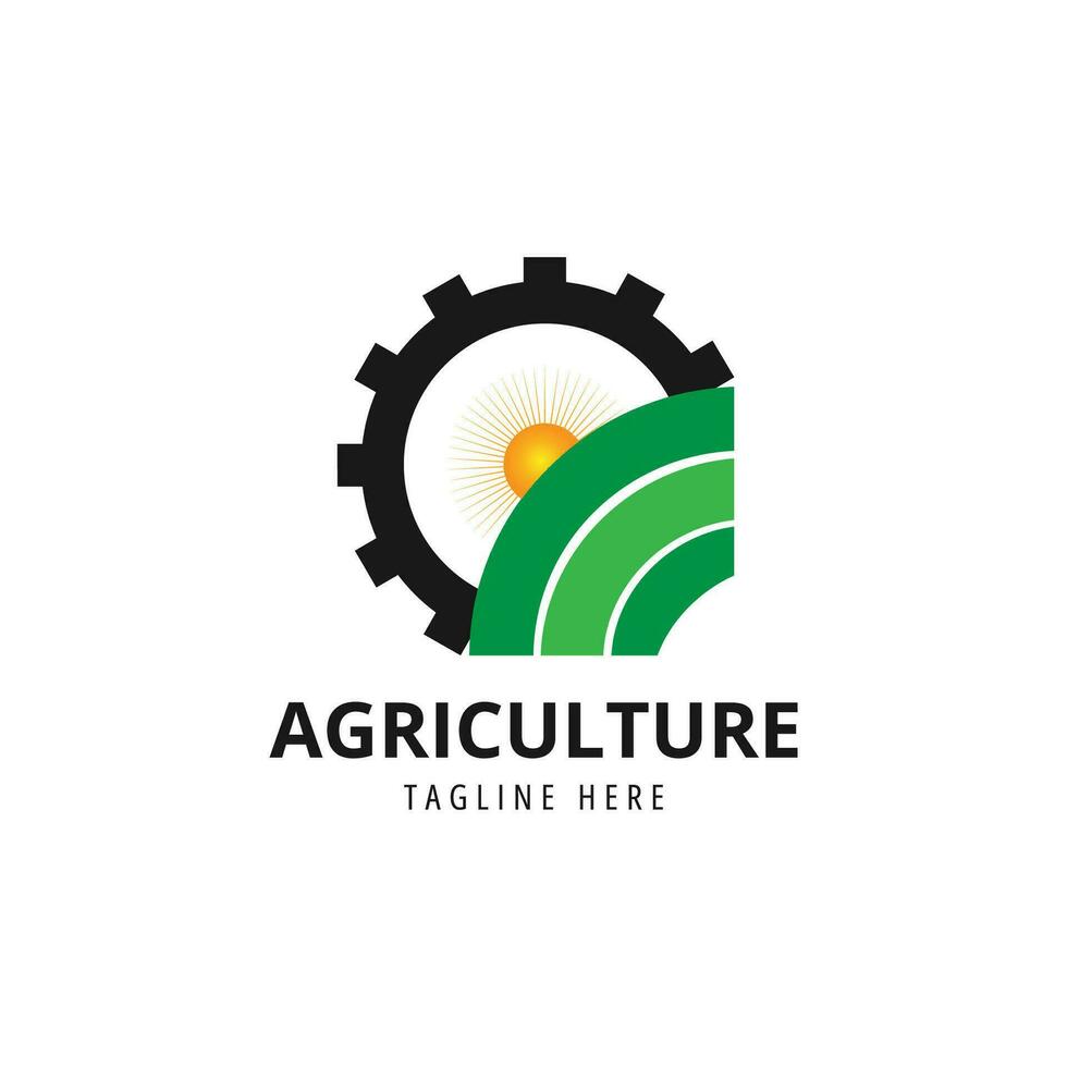 vector logo design illustration of Gear agriculture business, tractor farm, soil farm, crop field, pasture, milk, barn,
