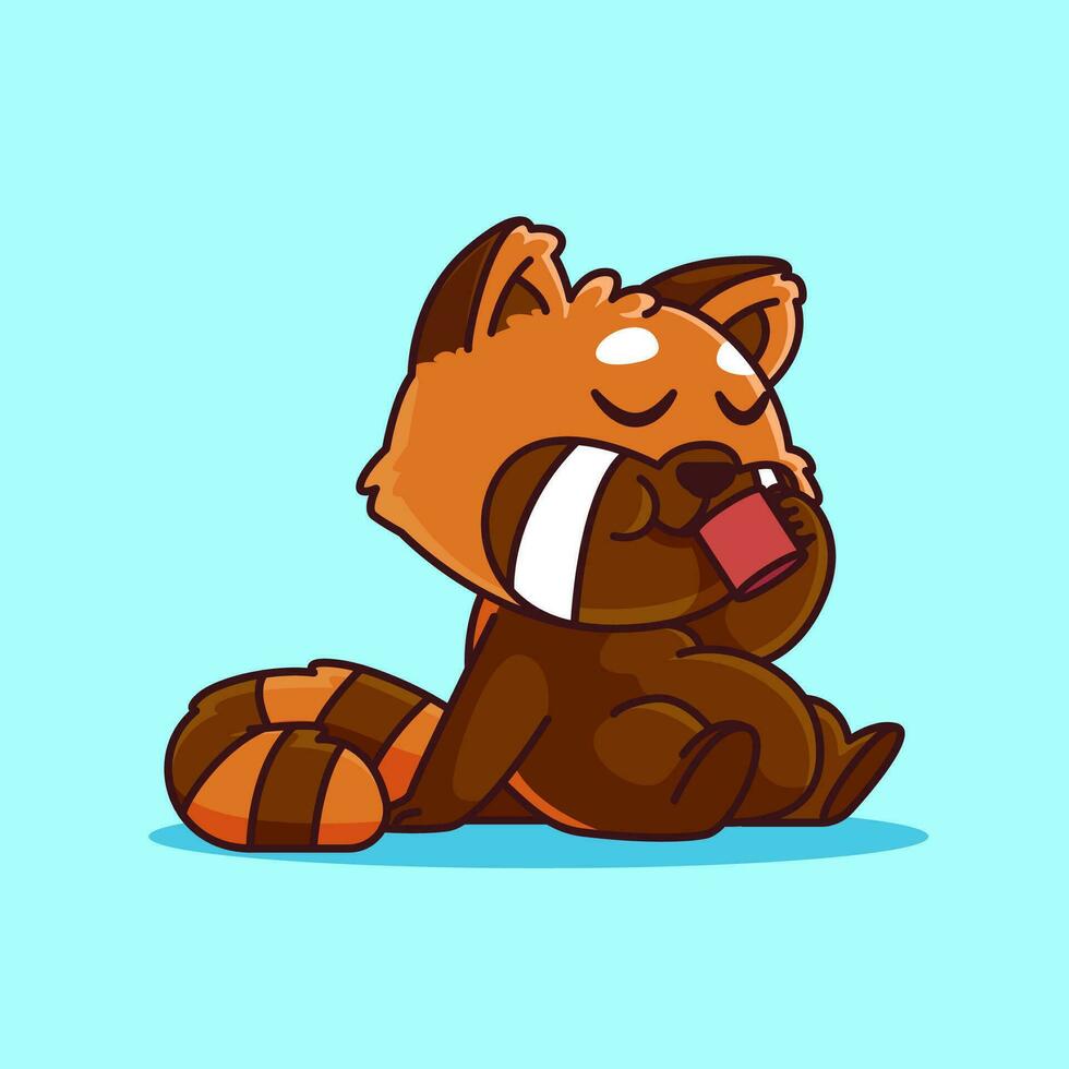 Cute cartoon red panda sitting relaxed while drinking coffee, adorable cartoon mascot illustration vector