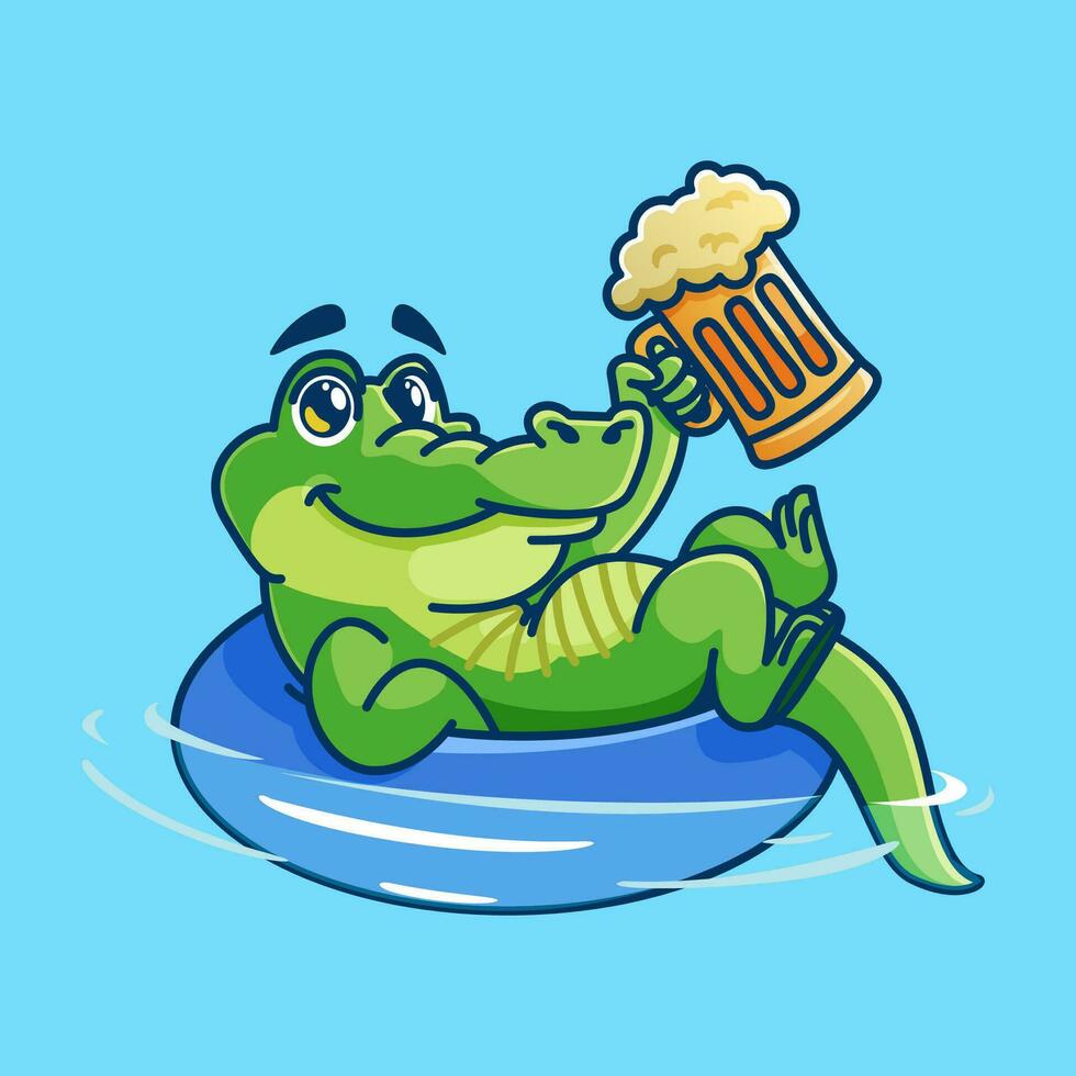 cute cartoon crocodile mascot relaxing on a pool float holding beer.adorable cartoon mascot illustration vector