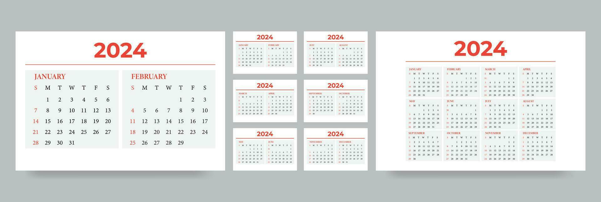 escritorio calendario 2024, calendario diseño para 2024 año, mensual calendario plantilla, calendario 2024 semana comienzo domingo, planificador para 2024 año. vector