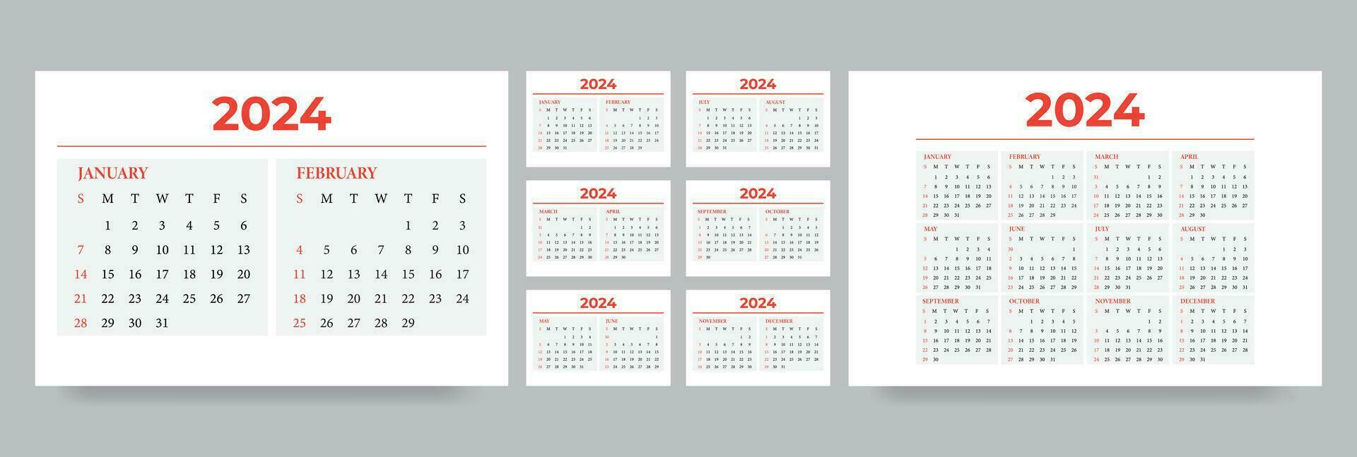 Desk Calendar 2024, Calendar design for 2024 year, Monthly calendar template,  calendar 2024 week start Sunday, Planner for 2024 year. vector