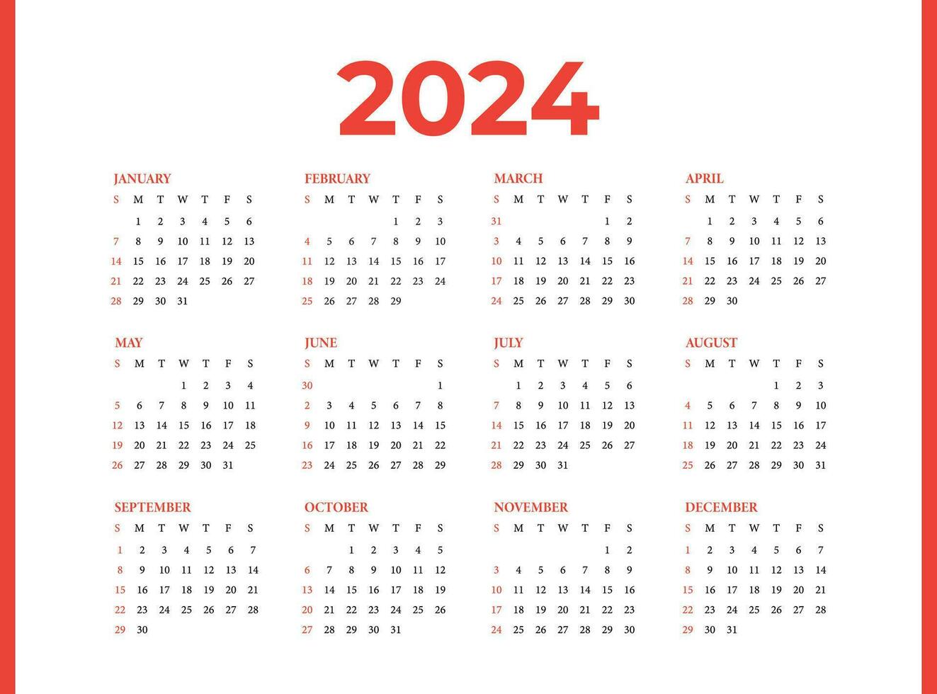 Calendar design for 2024 year, Monthly calendar template, Calendar 2024 template vector, calendar 2024 week start Sunday, Planner for 2024 year. vector