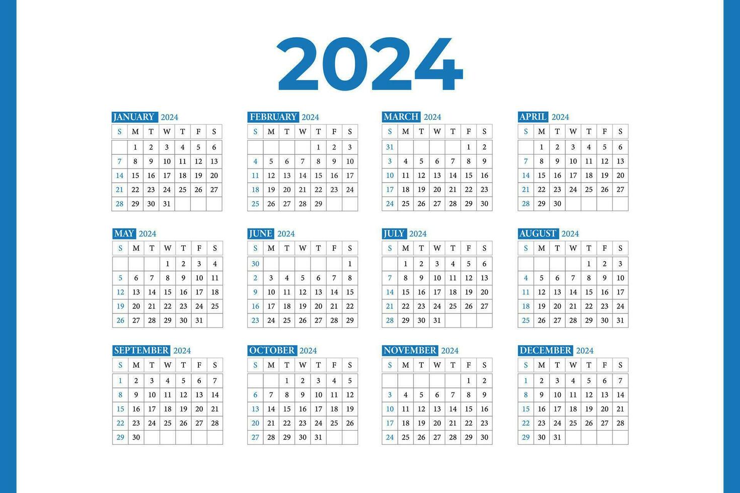 Calendar design for 2024 year, Monthly calendar template, Calendar 2024 template vector, calendar 2024 week start Sunday, Planner for 2024 year. vector