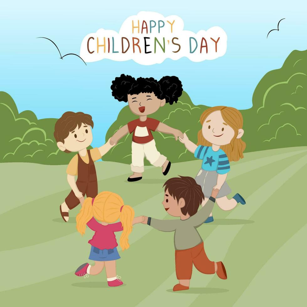 happy children's day. several children with different skin colors were playing together and holding hands vector