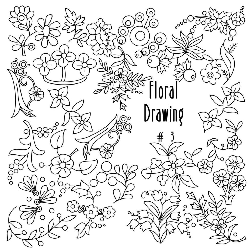 Doodle floral design, beautiful flowers and leaves with black outlines, flat design with hand drawn, vector illustration.