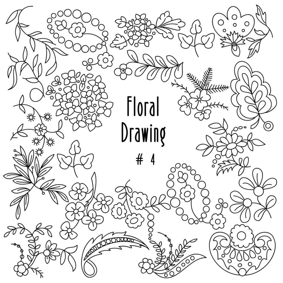Hand drawn floral elements, flowers, leaves and swirls decoration, flat design for invitation, greeting card, quotes, vector illustration.