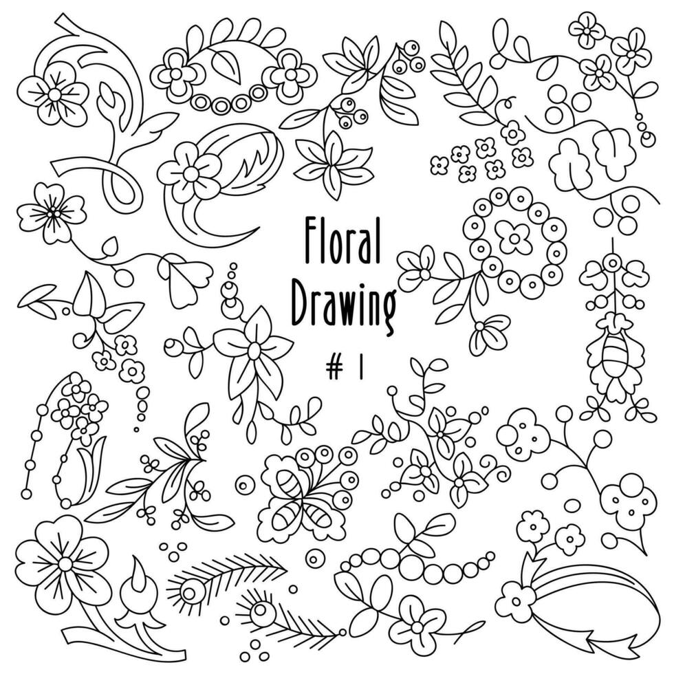 Minimalistic floral branch and leaves, borders outlines, flat line art drawing design, hand drawn lines, vector illustration.