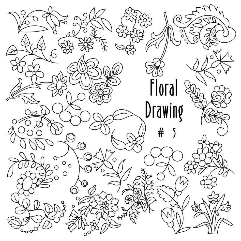 Flowers and leaves ornament hand drawn, floral branches doodles, botanical outline elements, vector illustration.