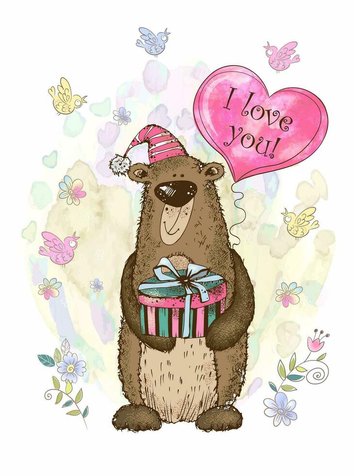 A Valentine's Day card. Cute teddy bear with a balloon in the form of a watercolor heart.  Watercolor background. Vector. vector