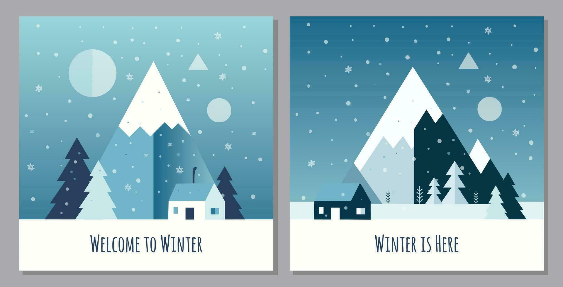 abstract flat minimal design landscape set vector illustration concept of winter theme background with mountain, tree, home, forest template for poster design. cold snow fall season day and night sky