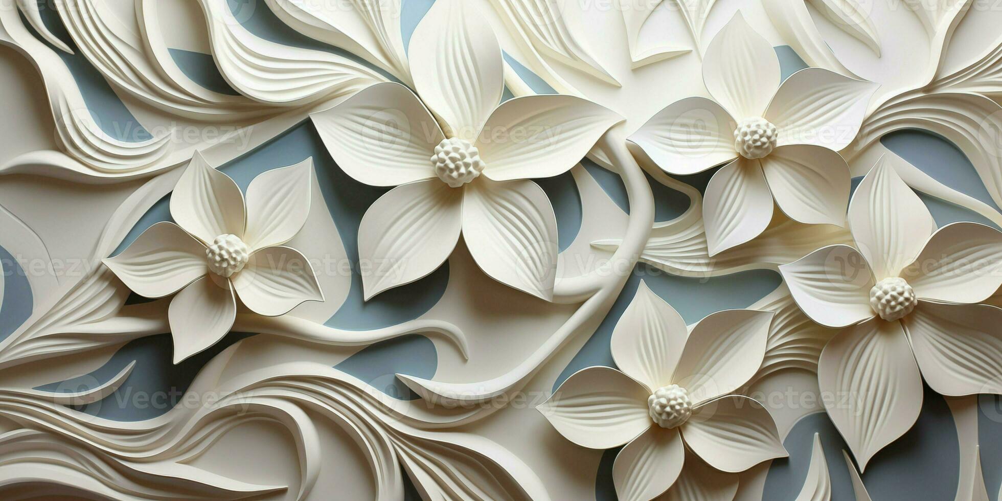 AI generated White Geometric Floral Leaf 3D Tile Texture Wall Background Illustration Banner Panorama photo