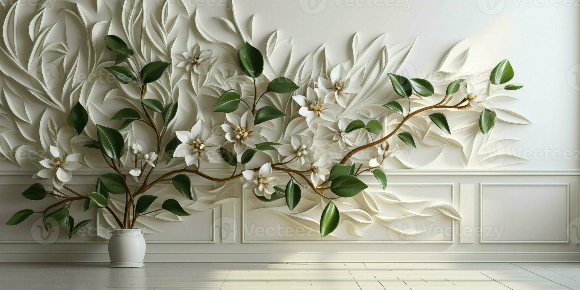 AI generated White Geometric Floral Leaf 3D Tile Texture Wall Background Illustration Banner Panorama photo