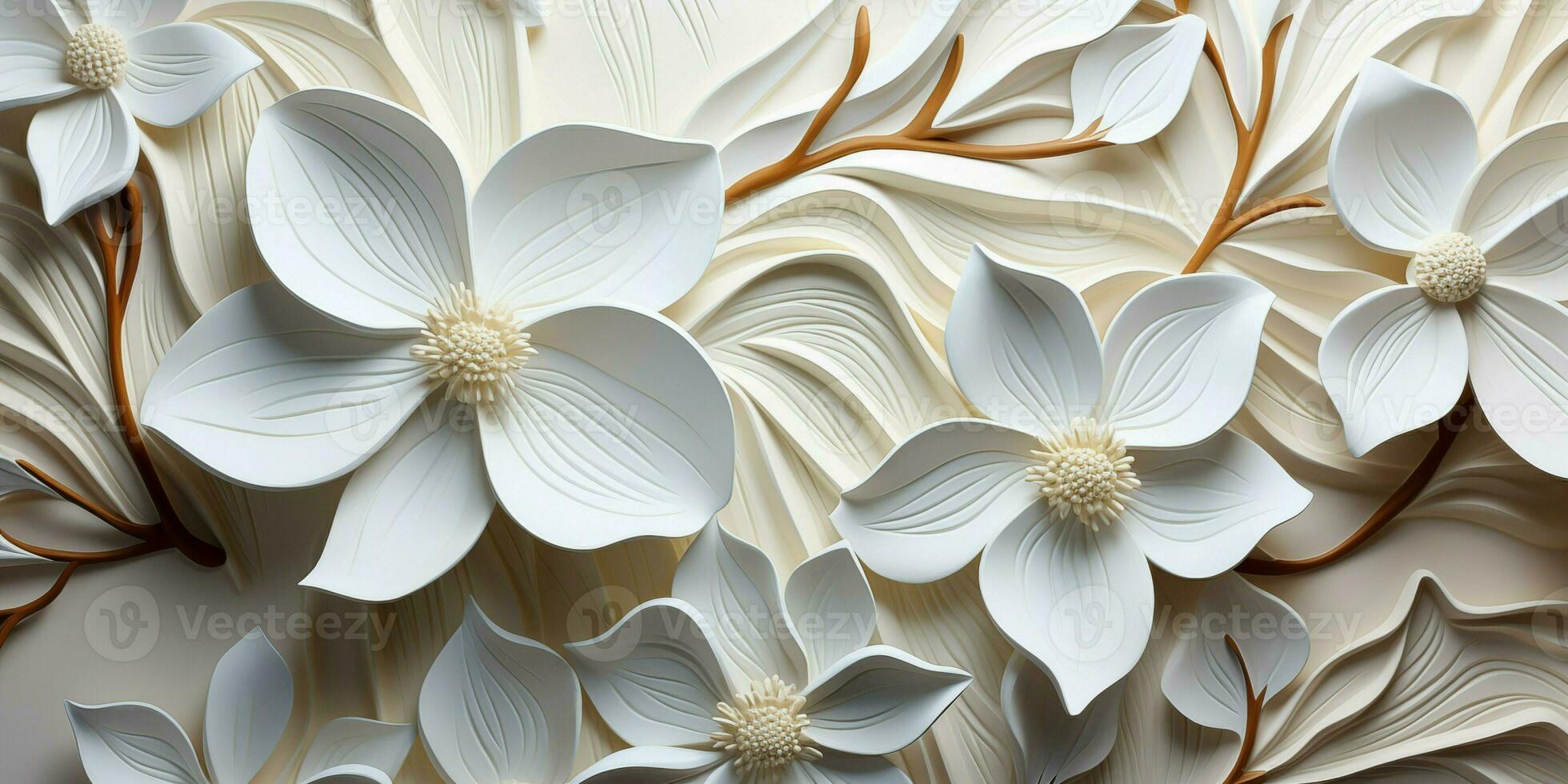 AI generated White Geometric Floral Leaf 3D Tile Texture Wall Background Illustration Banner Panorama photo