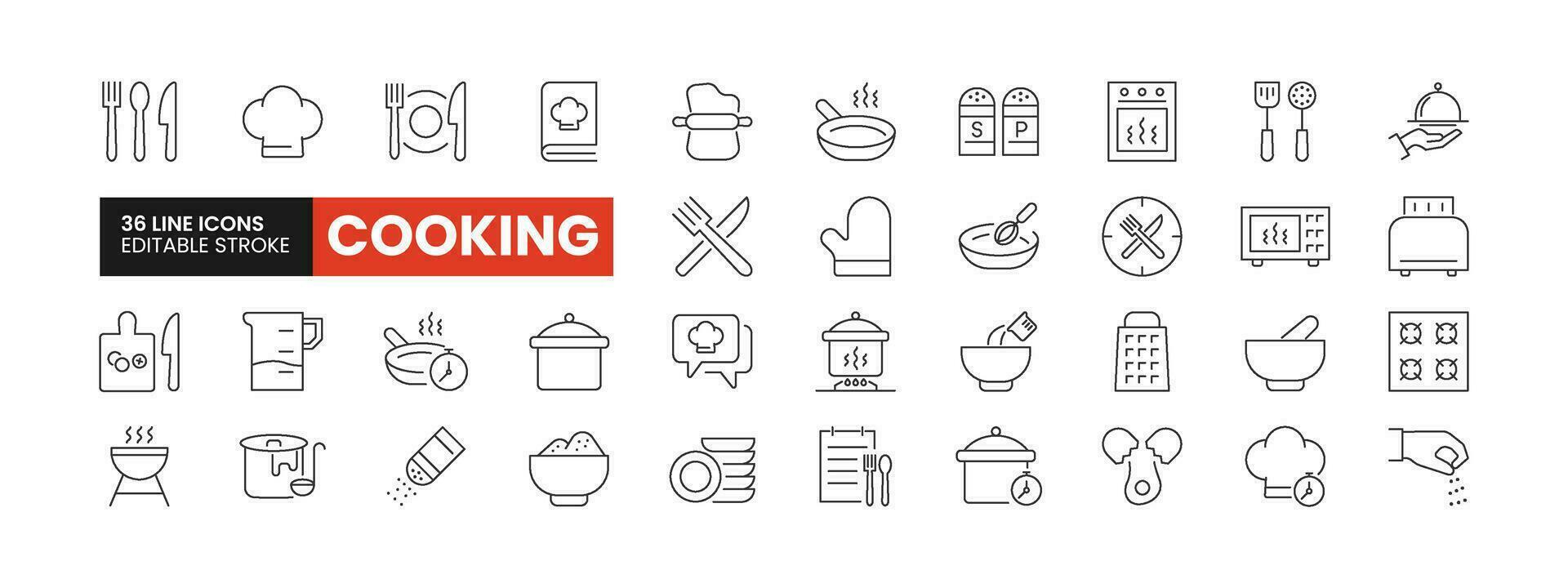 Set of 36 Cooking line icons set. Cooking outline icons with editable stroke collection. Includes Cutlery, Chef, Barbeque, Toaster, Cooking Board, and More. vector