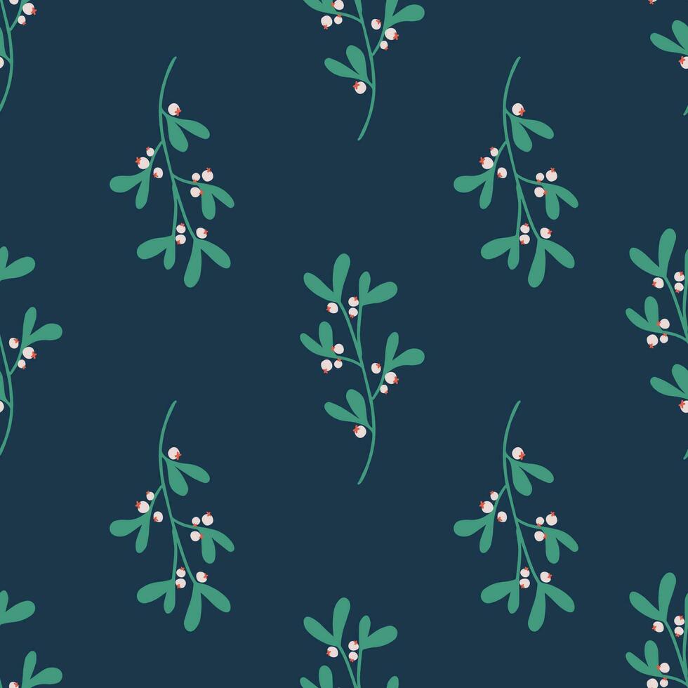 Simple seamless pattern with mistletoe. Christmas floral on blue background. Vector texture