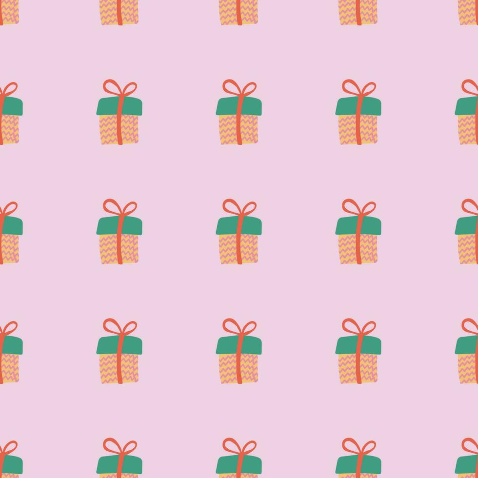 Simple seamless pattern with Christmas gifts. Festive trendy decorative pink gift boxes. Hand drawn modern vector texture