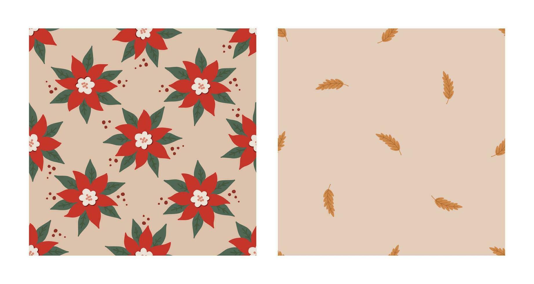 Seamless pattern set with bold red poinsettia and golden leaves. Christmas and New Year concept. Hand drawn vector texture for wallpaper, prints, wrapping, textile