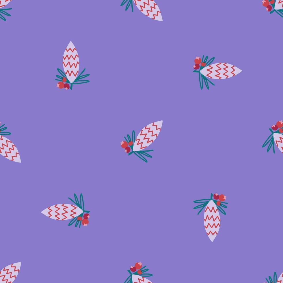 Simple seamless pattern with violet conifer corn and red berries. Winter season and Christmas concept. Hand drawn vector texture for wallpaper, prints, wrapping, textile