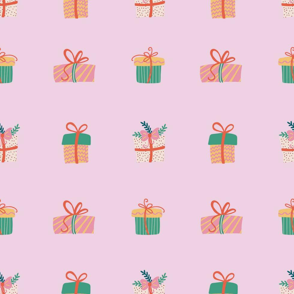 Christmas gifts seamless pattern. Festive trendy decorative pink gift boxes. Hand drawn modern vector texture