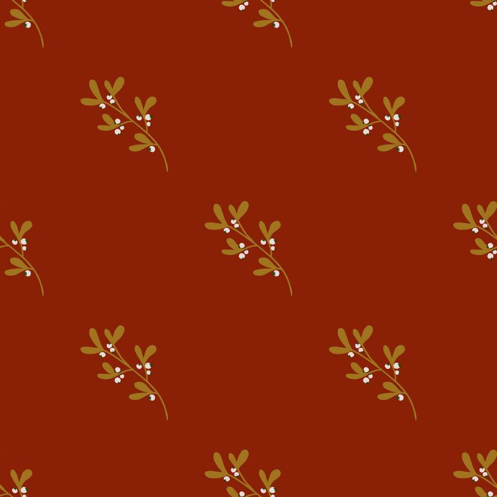 Simple seamless pattern with gold mistletoe. Christmas floral on bold red background. Vector texture