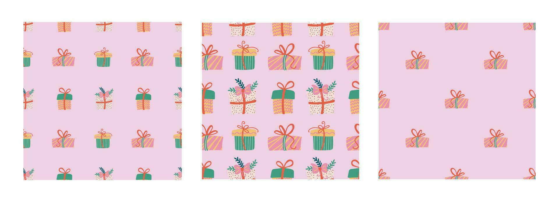 Navidad regalos sin costura modelo colocar. festivo de moda decorativo regalo cajas mano dibujado moderno vector textura