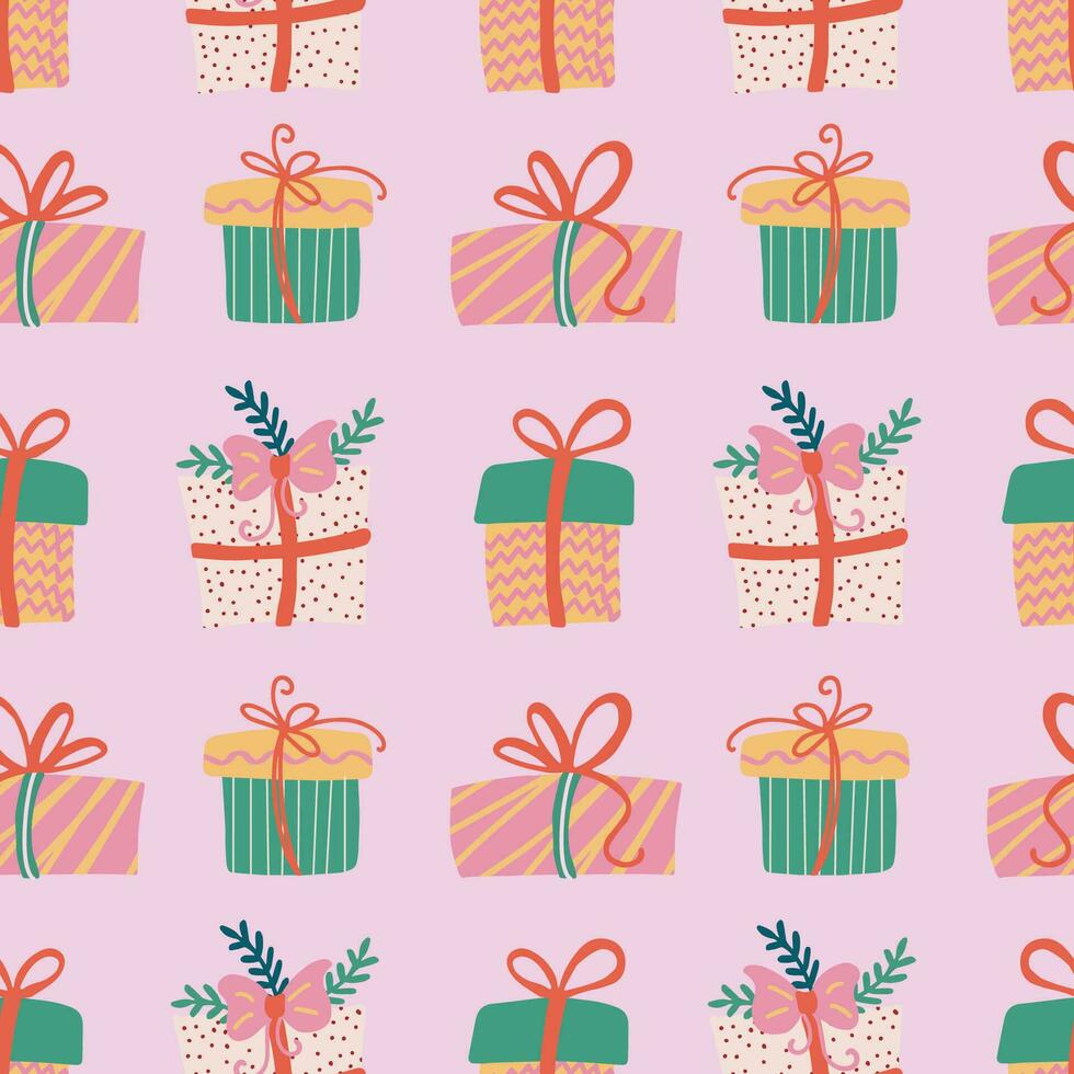 Navidad regalos sin costura modelo. festivo de moda decorativo rosado regalo cajas mano dibujado moderno vector textura