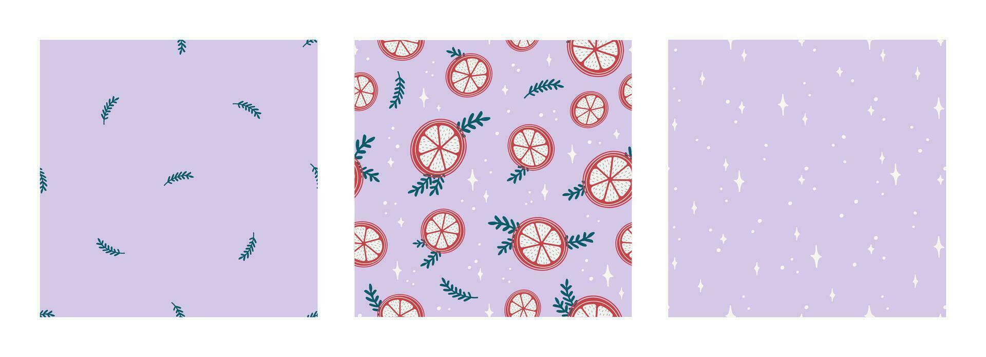 Vector seamless pattern set with orange slices, branches, sparkles on lilac background. Merry Christmas and New Year symbol texture. Hand drawn festive design for textile, wrapping, prints, wallpaper