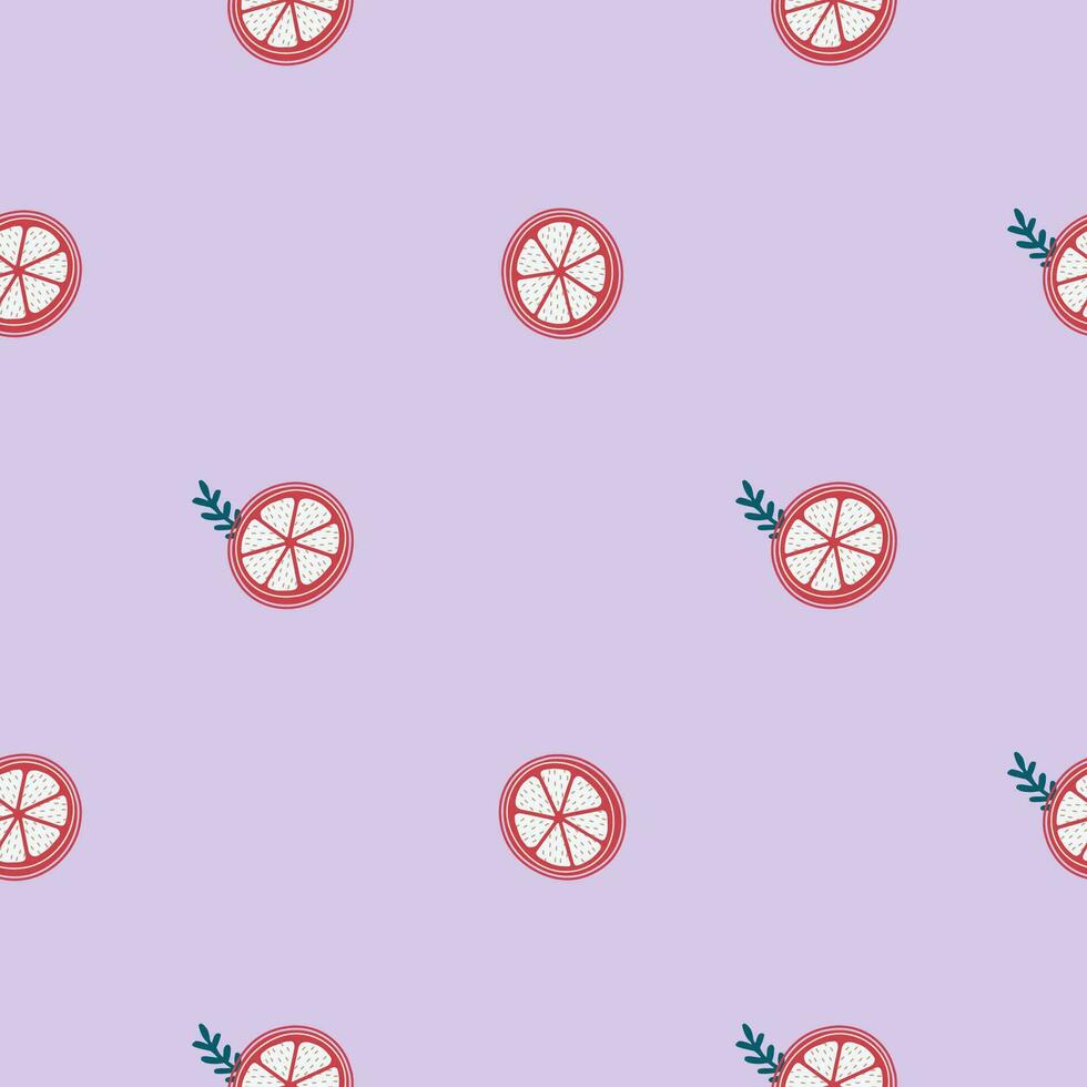 Simple vector seamless pattern with orange slices, branches on lilac background. Merry Christmas and New Year symbol texture. Hand drawn festive design for textile, wrapping, prints, wallpaper