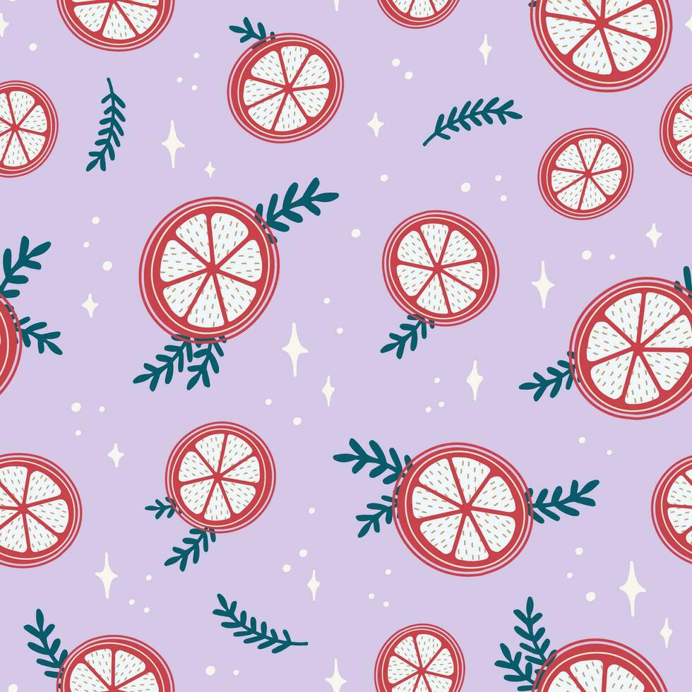 Vector seamless pattern with orange slices, branches, sparkles on lilac background. Merry Christmas and New Year symbol texture. Hand drawn festive design for textile, wrapping, prints, wallpaper