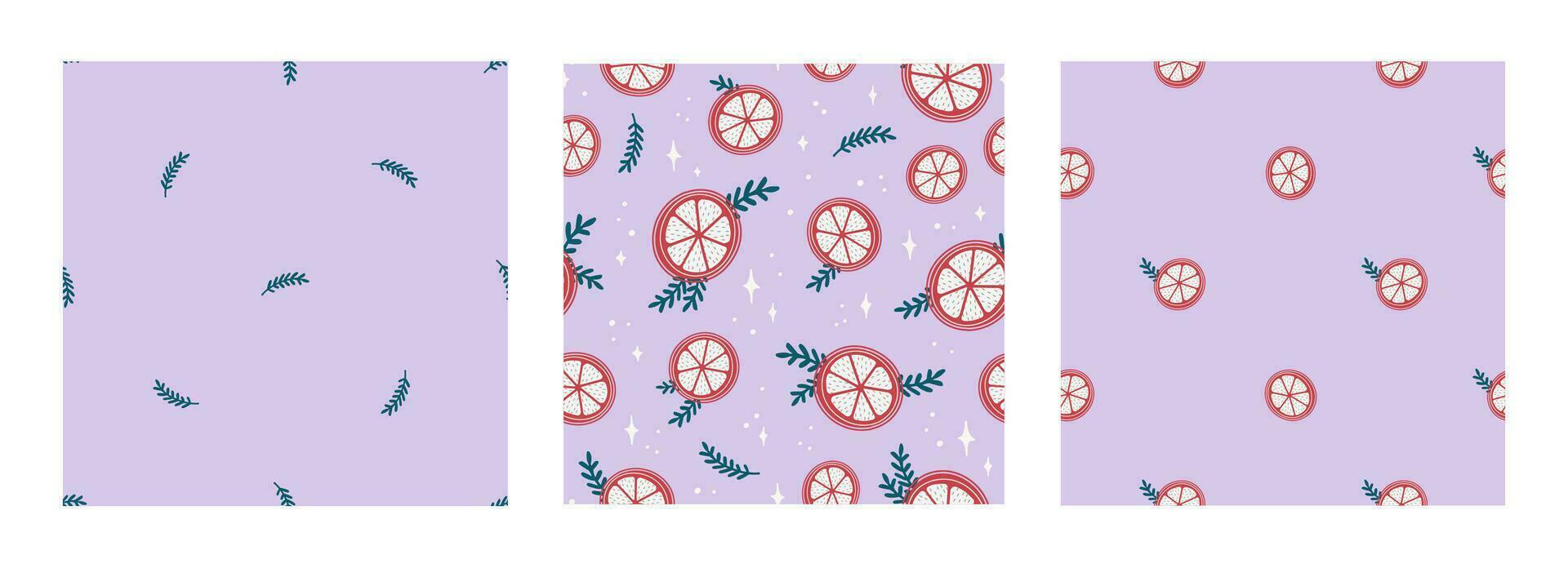 Vector seamless pattern set with orange slices, branches, sparkles on lilac background. Merry Christmas and New Year symbol texture. Hand drawn festive design for textile, wrapping, prints, wallpaper