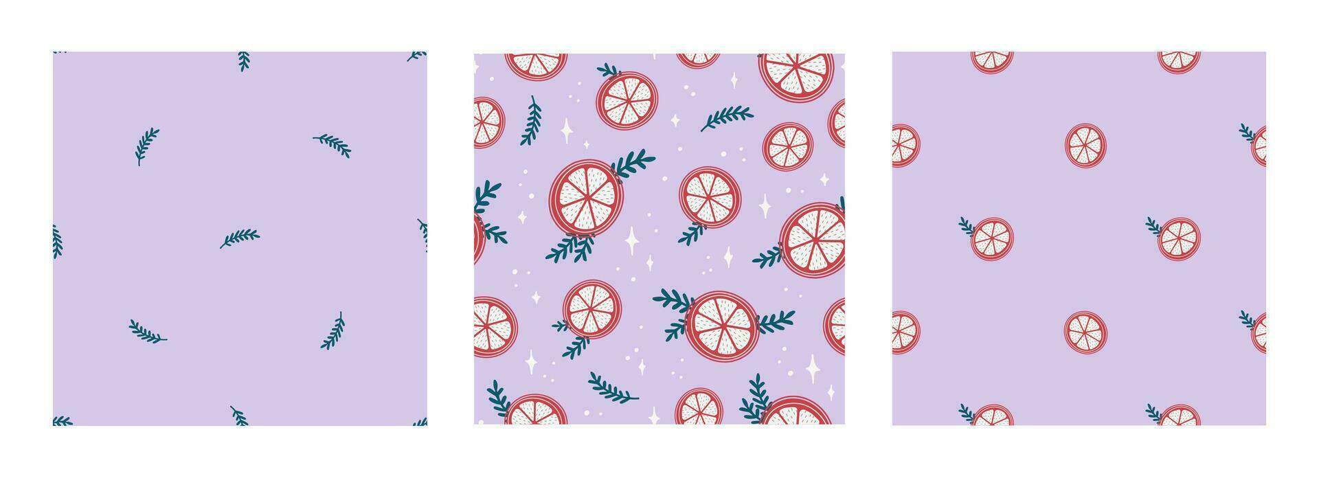 Vector seamless pattern set with orange slices, branches, sparkles on lilac background. Merry Christmas and New Year symbol texture. Hand drawn festive design for textile, wrapping, prints, wallpaper