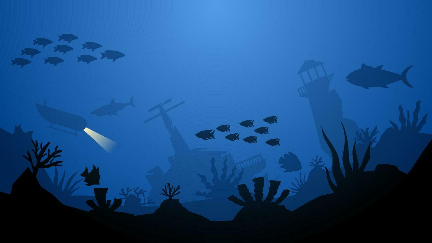 Seascape vector illustration. Scenery of sunken lighthouse and shipwreck at the bottom of the sea. Underwater panorama for illustration, background or wallpaper