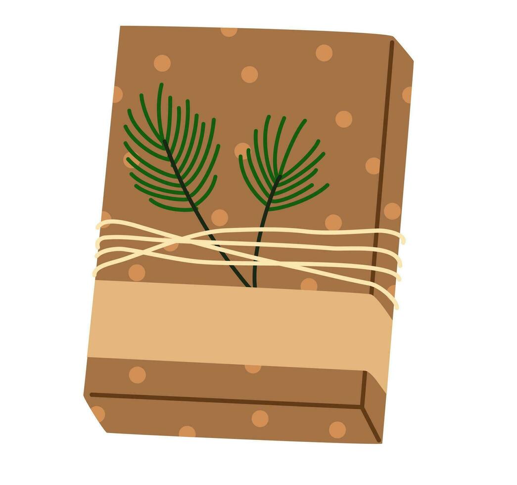 Christmas gift box in kraft paper, holiday wrapping. Holiday Present decorated with berry branch, tag, wrapped in eco recycled craft. Flat vector illustration isolated on white background