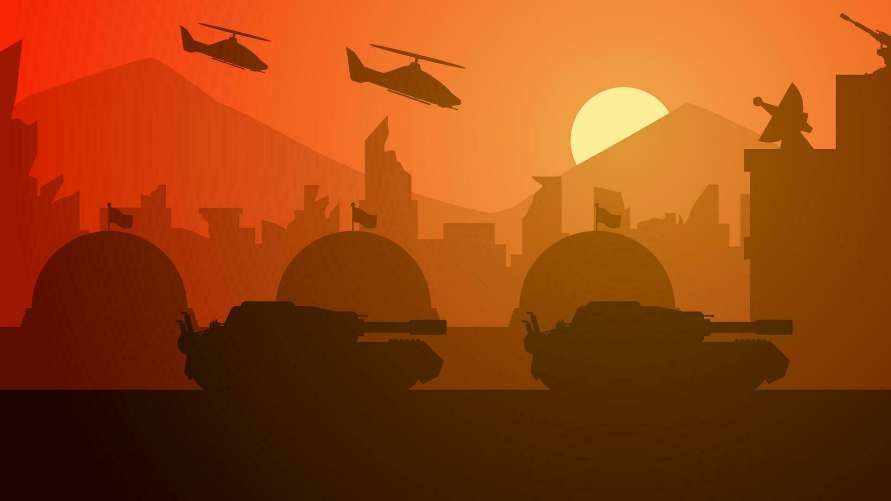 War battlefield in city landscape vector illustration. Illustration of war conflict in the military base with tank and helicopter. Destroyed city landscape for illustration, background or wallpaper